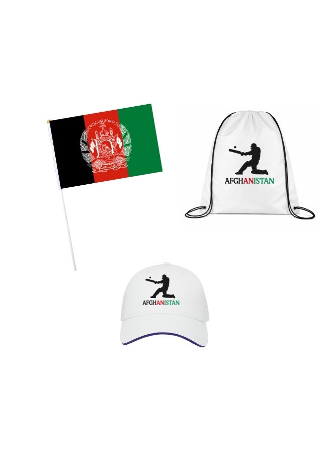 Afghanistan Sports Fans Combo Pack - Pack of 3 - Drawstring Bag, Hand Flag and Cap - Afghanistan Sports Enthusiasts Combo Pack - Ideal for Sports Matches and Events - Image 1